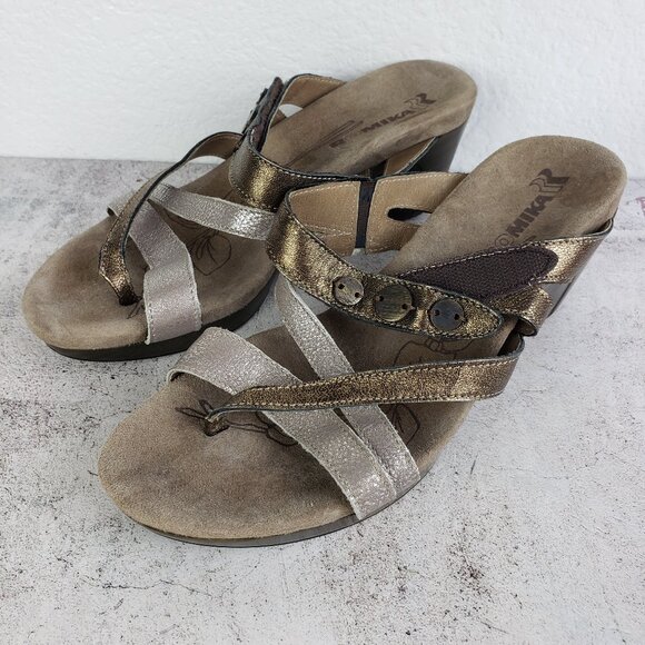 Romika Metallic Leather Wedge Sandals Slides Comfort Shoes size 39 US 8.5 - Picture 1 of 14